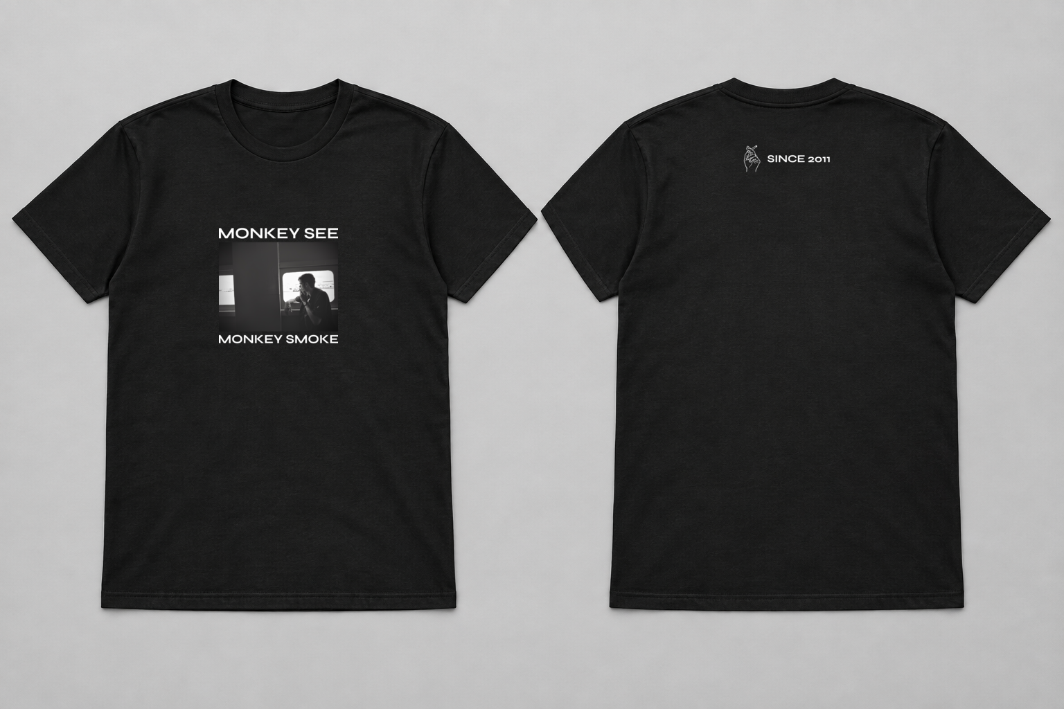 Black album T-shirt with the ferry photograph between MONKEY SEE and MONKEY SMOKE
